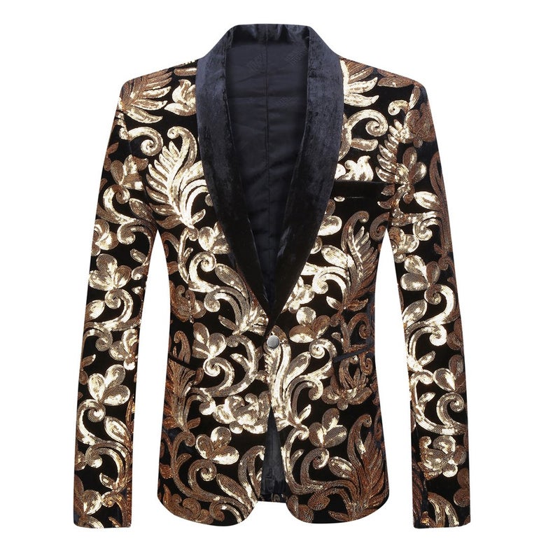 PYJTRL Men Fashion Velvet Sequins Floral Pattern Suit Jacket Blazer (Black Flat Collar, S) - Image 1